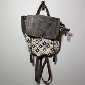 Myra Bag Backpack Womens Medium Gray Brown Excellent Boho Canvas Leather Hair-On